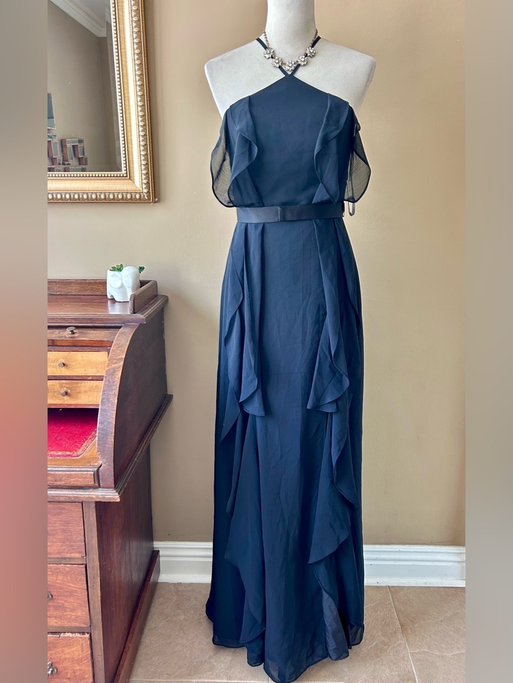 Vera Wang White Label Black Y-Neck Long Chiffon Maxi Dress Size 4 NWT
